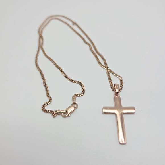 Rose Gold Over S925 Solid Silver Cross Pendant Necklace - Picture 2 of 6